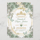 ウェディングレセプションセージグリーン金ゴールドクラウンバタフライ 招待状 (正面/裏面)