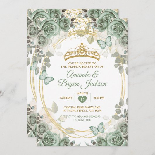 ウェディングレセプションセージグリーン金ゴールドクラウンバタフライ 招待状 (正面/裏面)
