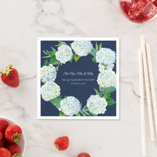 ウェディングレセプションデコールネイビーウィホワイトアジサイ・アート スタンダードカクテルナプキン (インサイチュ)
