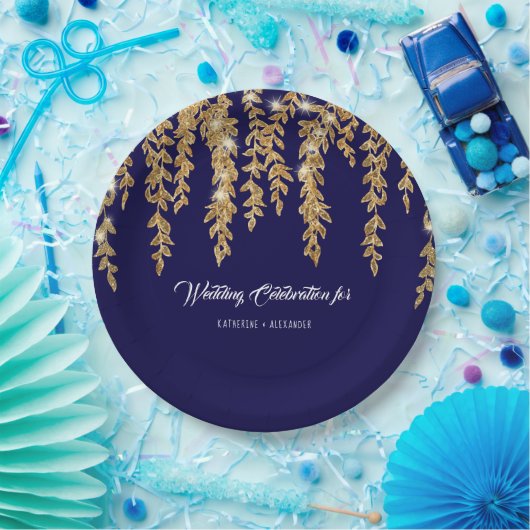 ウェディングレセプションネイビー金ゴールドリーフトゥインクルライト ペーパープレート (パーティー)