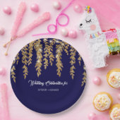 ウェディングレセプションネイビー金ゴールドリーフトゥインクルライト ペーパープレート (パーティー)