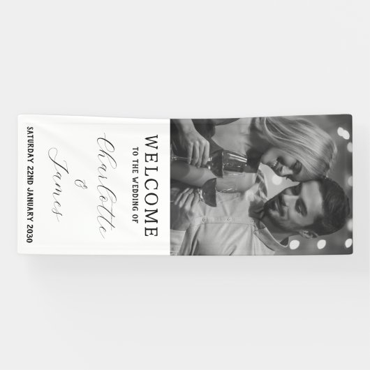 ウェディングレセプションハッピーカップル写真ホワイトウェルカム 横断幕 (横)