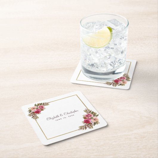 ウェディングレセプションパーティーエレガントフローラ幾何学模様 スクエアペーパーコースター (インサイチュ)