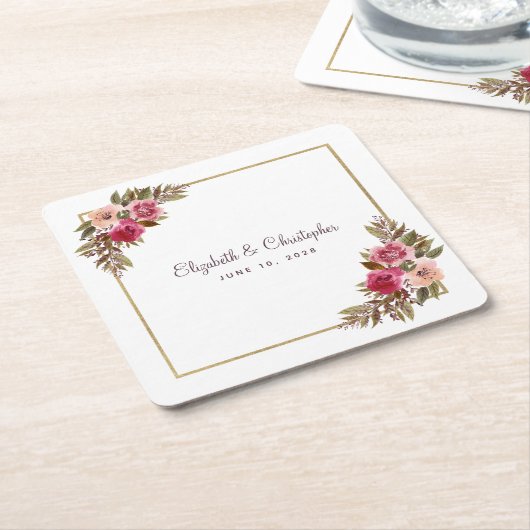 ウェディングレセプションパーティーエレガントフローラ幾何学模様 スクエアペーパーコースター (アングル)