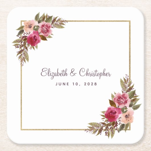 ウェディングレセプションパーティーエレガントフローラ幾何学模様 スクエアペーパーコースター (正面)