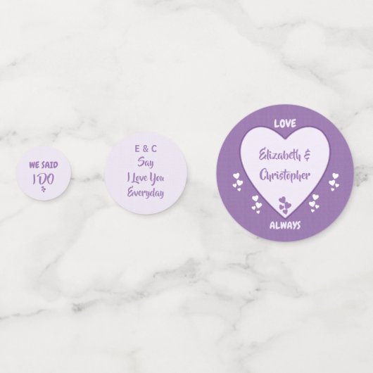 ウェディングレセプションパープルと薄紫ハートテーブル コンフェッティ (正面)