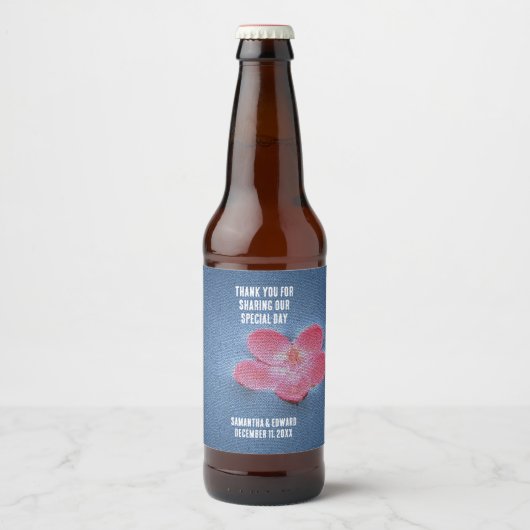 ウェディングレセプションピンクフラワーゲスト感謝していのお願い ビールラベル (正面)