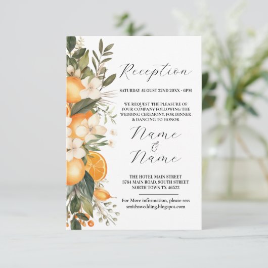 ウェディングレセプションフラワーサマーフルーツオレンジ エンクロージャーカード (スタンド正面)