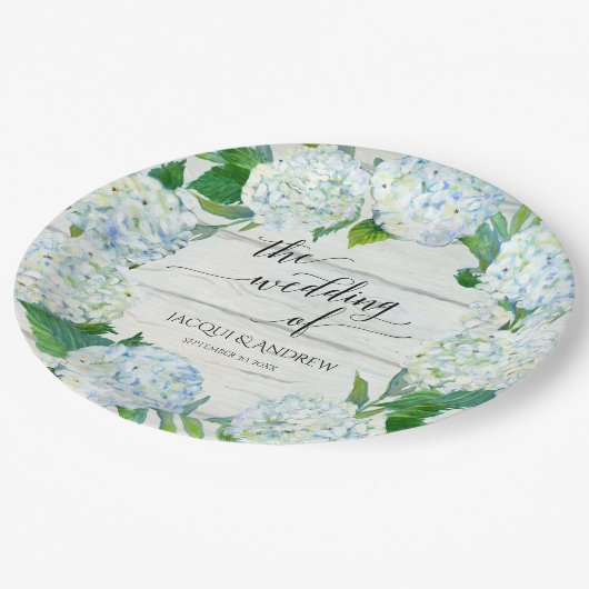 ウェディングレセプションブルーホワイトアジサイリースウッド ペーパープレート (アングル)