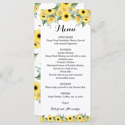 ウェディングレセプションメニューひまわり緑 メニュー (正面/裏面)