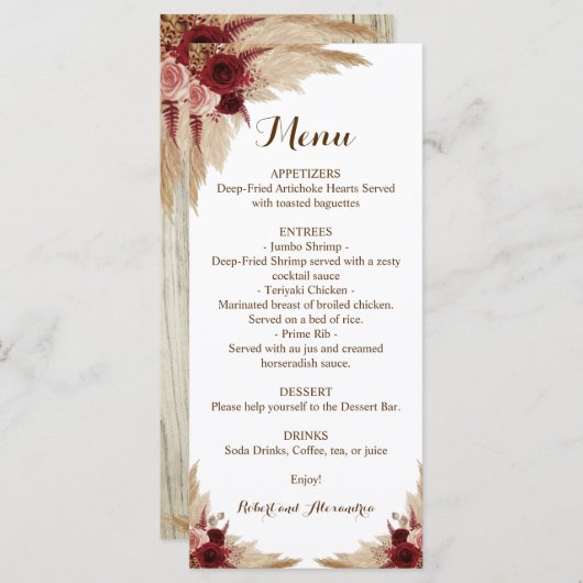 ウェディングレセプションメニューパンパスグラス メニュー (正面/裏面)