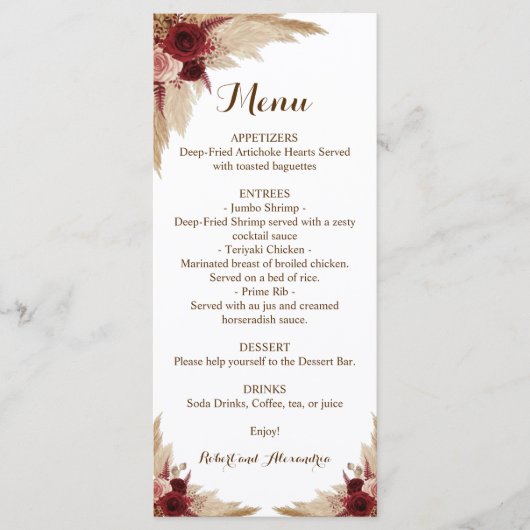 ウェディングレセプションメニューパンパスグラス メニュー (正面)