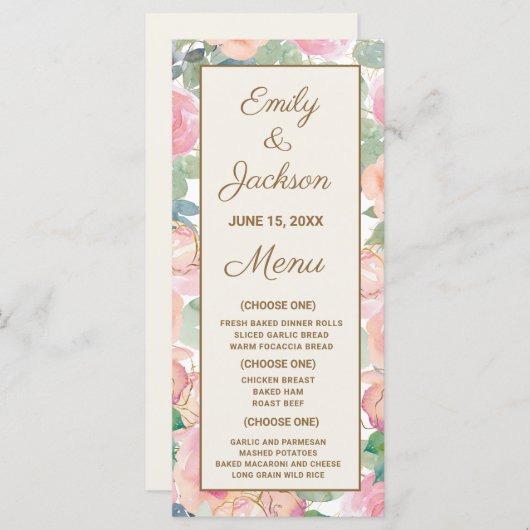 ウェディングレセプションメニュー赤面ピンクフローラ緑 メニュー (正面/裏面)