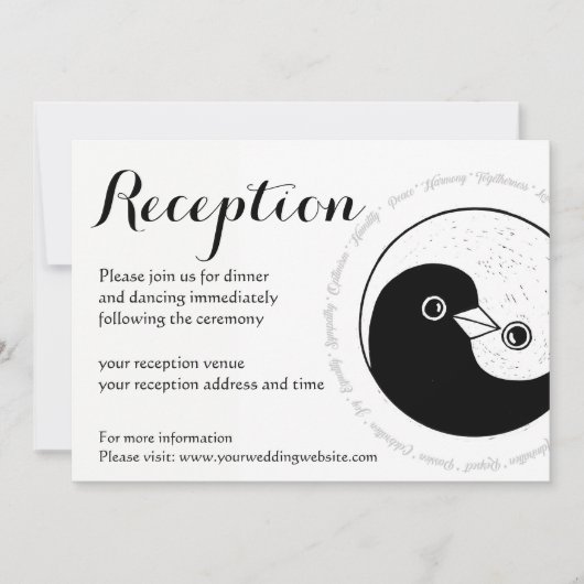 ウェディングレセプション招待状。 b/w YinYang doves 招待状 (正面)