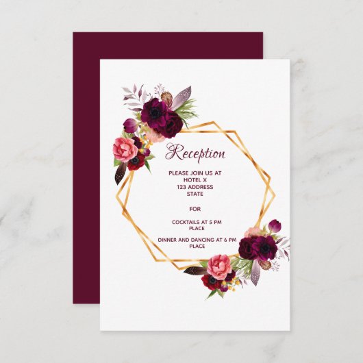 ウェディングレセプション詳細ジオ花模様ブルゴーニュ エンクロージャーカード (正面/裏面)