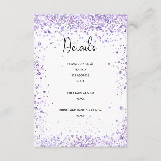 ウェディングレセプション詳細スミレラベンダーグリッター エンクロージャーカード (正面)