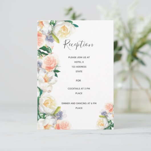 ウェディングレセプション詳細ホワイトコーラルラッシュ花模様 エンクロージャーカード (スタンド正面)