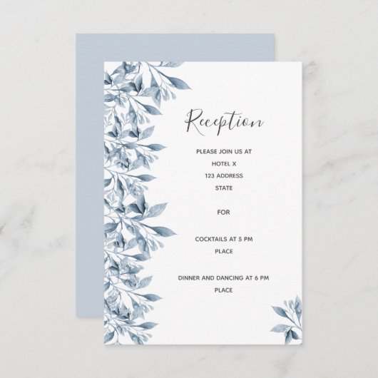 ウェディングレセプション詳細ホワイトブルー植物学 エンクロージャーカード (正面/裏面)