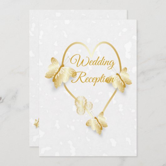 ウェディングレセプション金ゴールド色ハート蝶 招待状 (正面/裏面)
