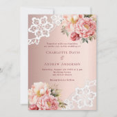 ウェディングローズゴールドピンクの花柄レースラグジュアリー 招待状 (正面)
