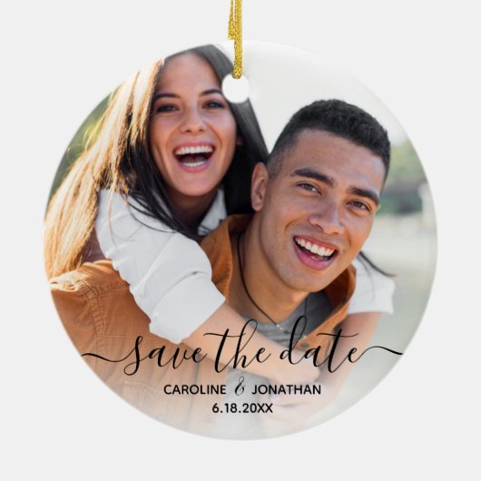 ウェディング写真書道の日付を保存かわいらしする セラミックオーナメント (裏面)