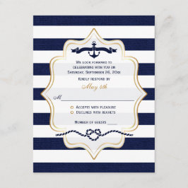 ウェディング出欠カード | ネイビー, ホワイト 偽物の麻の縞模様 出欠カード