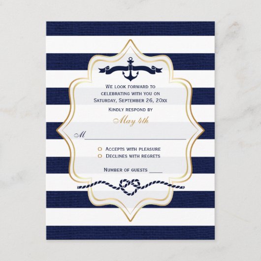 ウェディング出欠カード | ネイビー, ホワイト 偽物の麻の縞模様 出欠カード (正面)