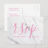 ウェディング出欠カード |白い大理石スクリプトピンク インビテーションポストカード (正面/裏面)