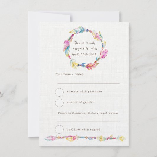 ウェディング出欠確認ボホ フェザー ネイティブ トライバルリース 招待状 (裏面)