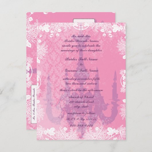 ウェディング招待ヴィンテージシャンデリアピンクラベンダー インビテーションポストカード (正面/裏面)