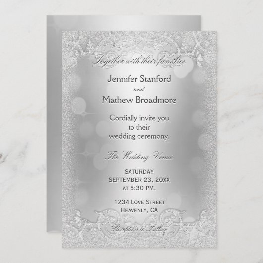 ウェディング招待状 エレガント シルバー 偽 グリッター 招待状 (正面/裏面)