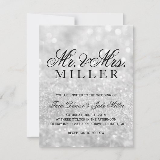 ウェディング招待状 - ライトシルバー グリッター ファブ 招待状 (正面)