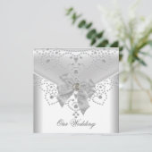 ウェディング招待白シルバーオーバーレイ弓ジュエル 招待状 (スタンド正面)