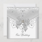 ウェディング招待白シルバーオーバーレイ弓ジュエル 招待状 (正面)