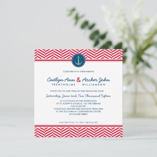 ウェディング招待航海のいかりハートネイビーレッドアクア 招待状 (スタンド正面)