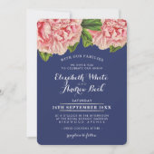 ウェディング招待赤面ピンクフローラ牡丹フラワーネイビー 招待状 (正面)