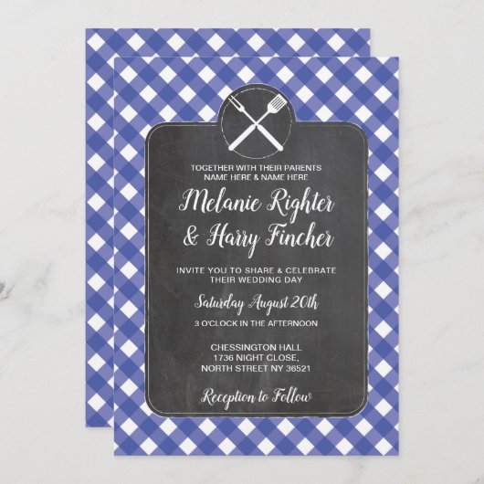 ウェディング招待青ジンガムBBQチョーク 招待状 (正面/裏面)