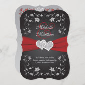 ウェディング招待2ブラックレッドシルバー、フローラ、ハート 招待状 (正面/裏面)