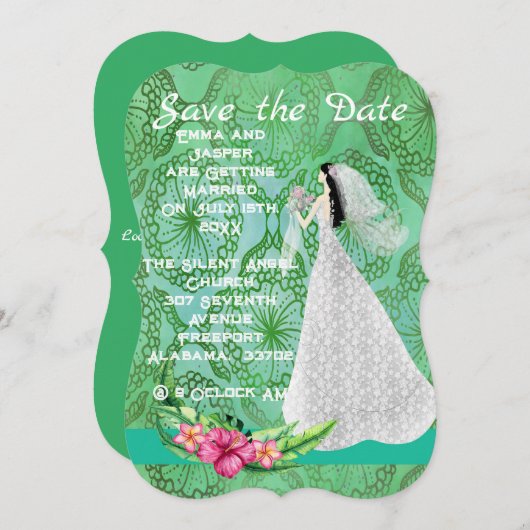 ウェディング新婦と緑の日付カードを保存 (正面/裏面)
