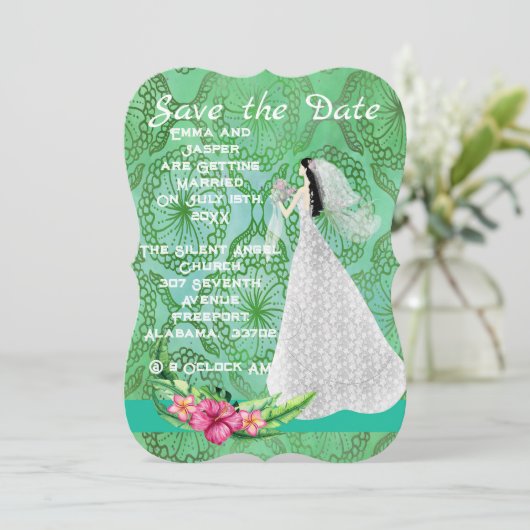 ウェディング新婦と緑の日付カードを保存 (スタンド正面)