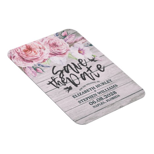 ウェディング日付のエレガントフローラ素朴木材 マグネット (右側)
