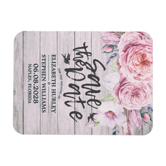 ウェディング日付のエレガントフローラ素朴木材 マグネット (横)