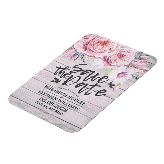 ウェディング日付のエレガントフローラ素朴木材 マグネット (左側)