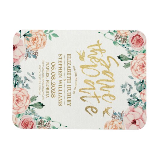 ウェディング日付のフローラエレガント文字列ライトを保存 マグネット (横)