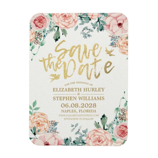 ウェディング日付のフローラエレガント文字列ライトを保存 マグネット (縦)