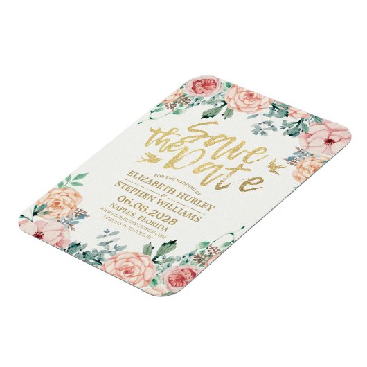 ウェディング日付のフローラエレガント文字列ライトを保存 マグネット (左側)