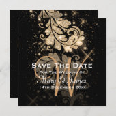 ウェディング日付の保存金ゴールドグリッターフローラ旋回 セーブザデート (正面/裏面)
