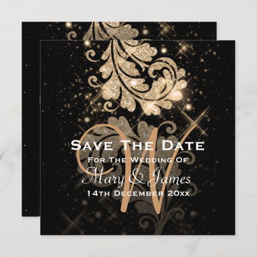 ウェディング日付の保存金ゴールドグリッターフローラ旋回 セーブザデート (正面/裏面)