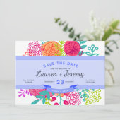 ウェディング日付の青いモダンリボンフローラを保存 セーブザデート (スタンド正面)