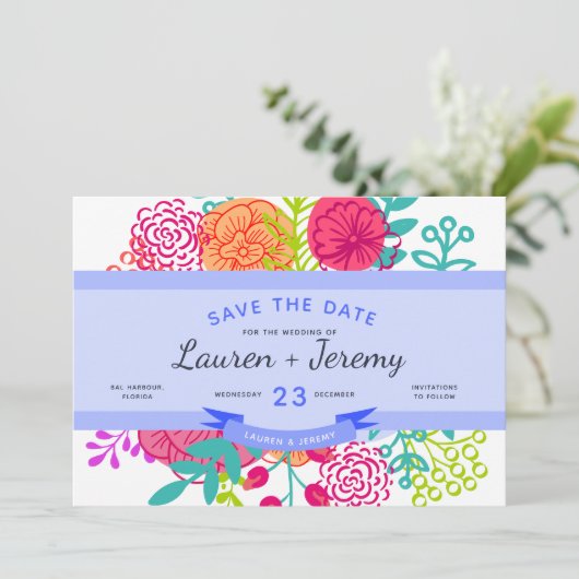 ウェディング日付の青いモダンリボンフローラを保存 セーブザデート (スタンド正面)